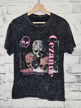 CeZanne Skull Graphic Acid Wash T Shirt Black Pink Grunge Size Medium